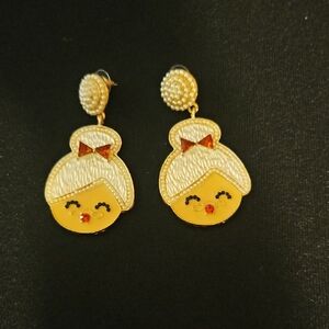 Mrs. Claus Cute Pearls, Gold and Red Earrings Rhinestones On Bow And Nose.
